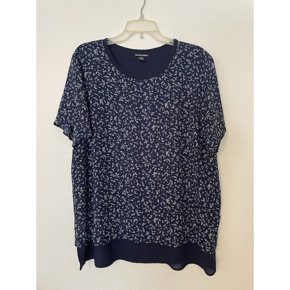 Hilary Radley Women's Short Sleeve Double Layer Blouse White Blue Size L